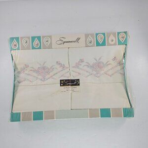 Vintage Spunwell Embroidered Pillowcase Set Ensemble Blue Pink Flowers Cotton *F